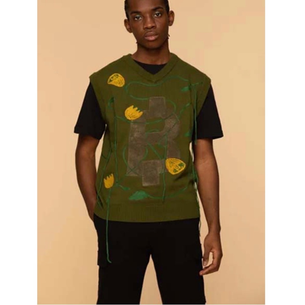Cash by Cash App Bitcoin Flower Knit Sweater Vest Green Future Nature Mens M NWT